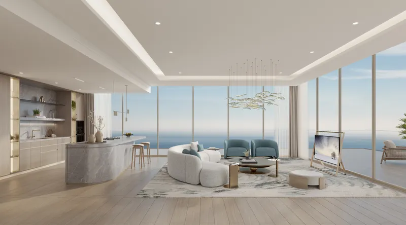 Render of an open-plan living room and kitchen with sea views at The Meriva Collection by Ellington Properties