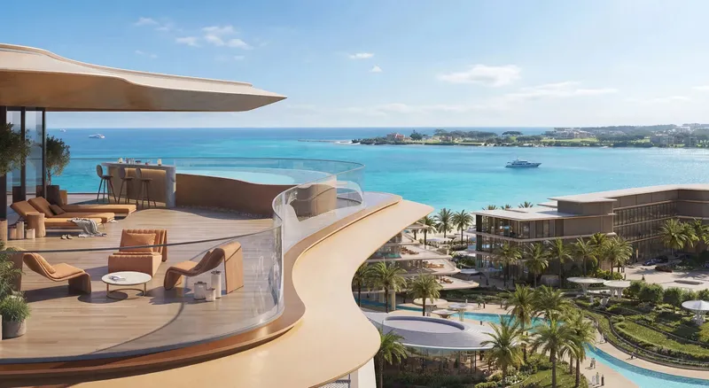 Render of a curved terrace with sea views at The Meriva Collection by Ellington Properties