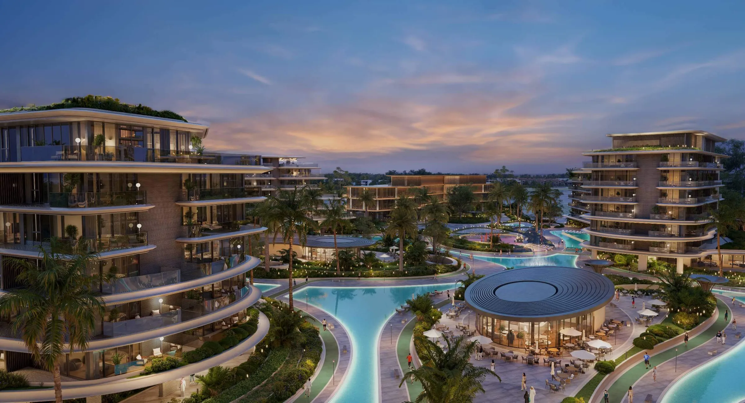 Render of the pool courtyard and residential buildings at The Meriva Collection by Ellington Properties on Dubai Islands at dusk