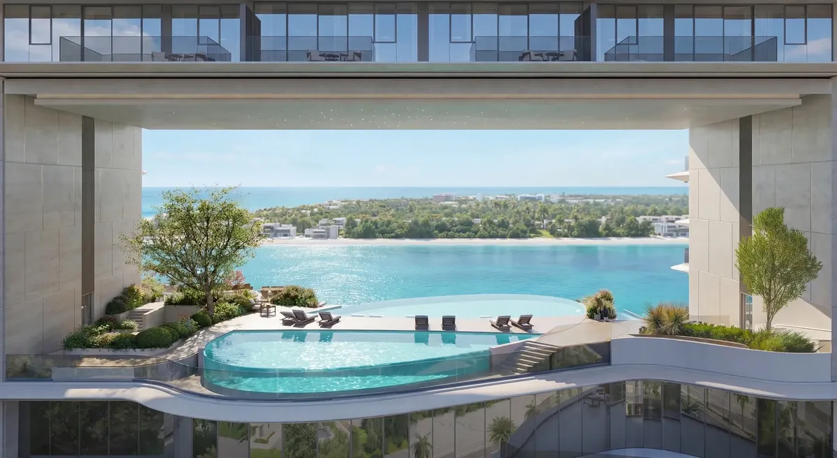 Render of an elevated pool deck between two buildings at The Meriva Collection by Ellington Properties