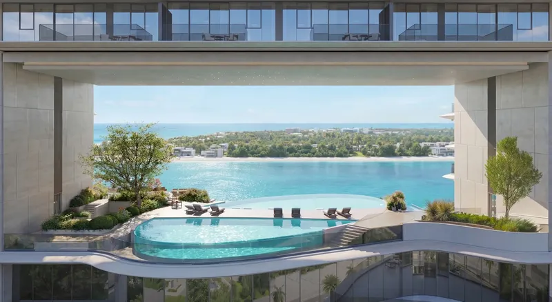 Render of an elevated pool deck between two buildings at The Meriva Collection by Ellington Properties