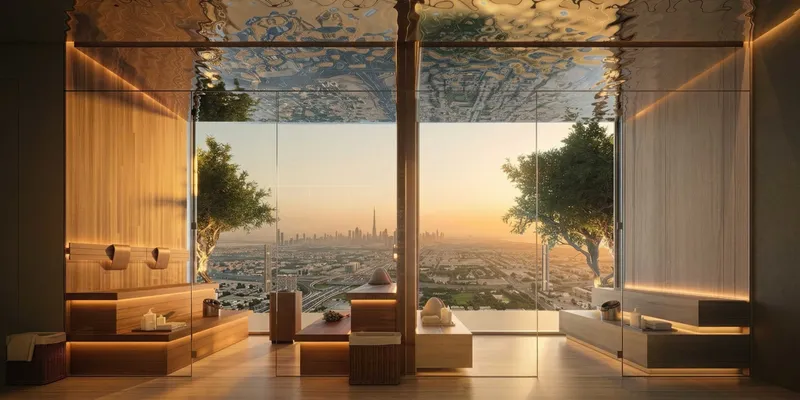 Sky Club spa room with timber benches and a sunset view over the city at The WOW Tower