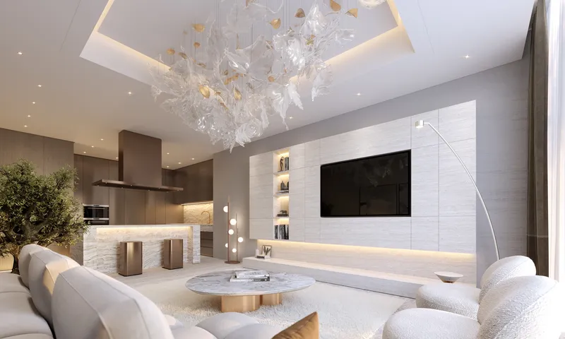 Interior render of a furnished living room and open kitchen at Tiger Sky Tower