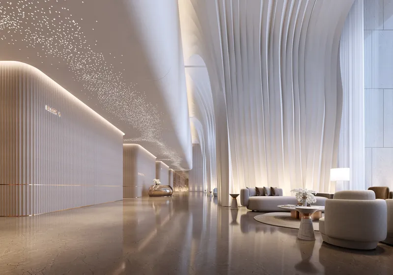Interior render of the lobby lounge at Tiger Sky Tower with a sculpted white ceiling