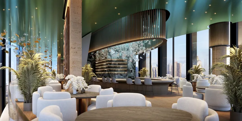 Interior render of the Sky Restaurant at Tiger Sky Tower with planted columns and skyline views
