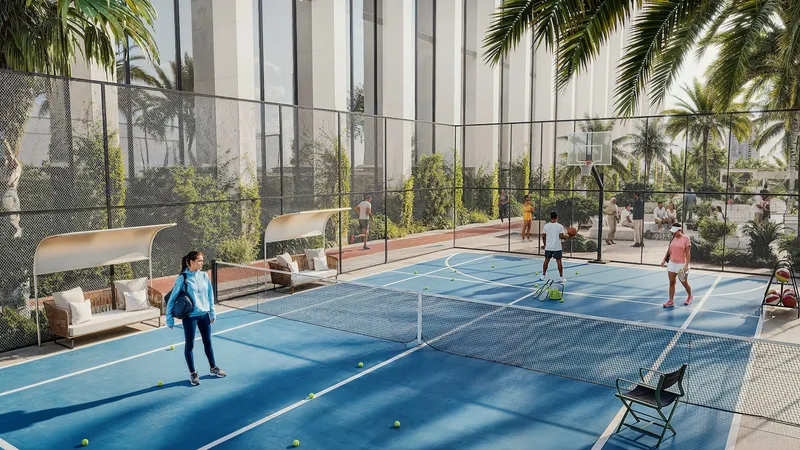 Render of the tennis court on the Tiger Sky Tower podium