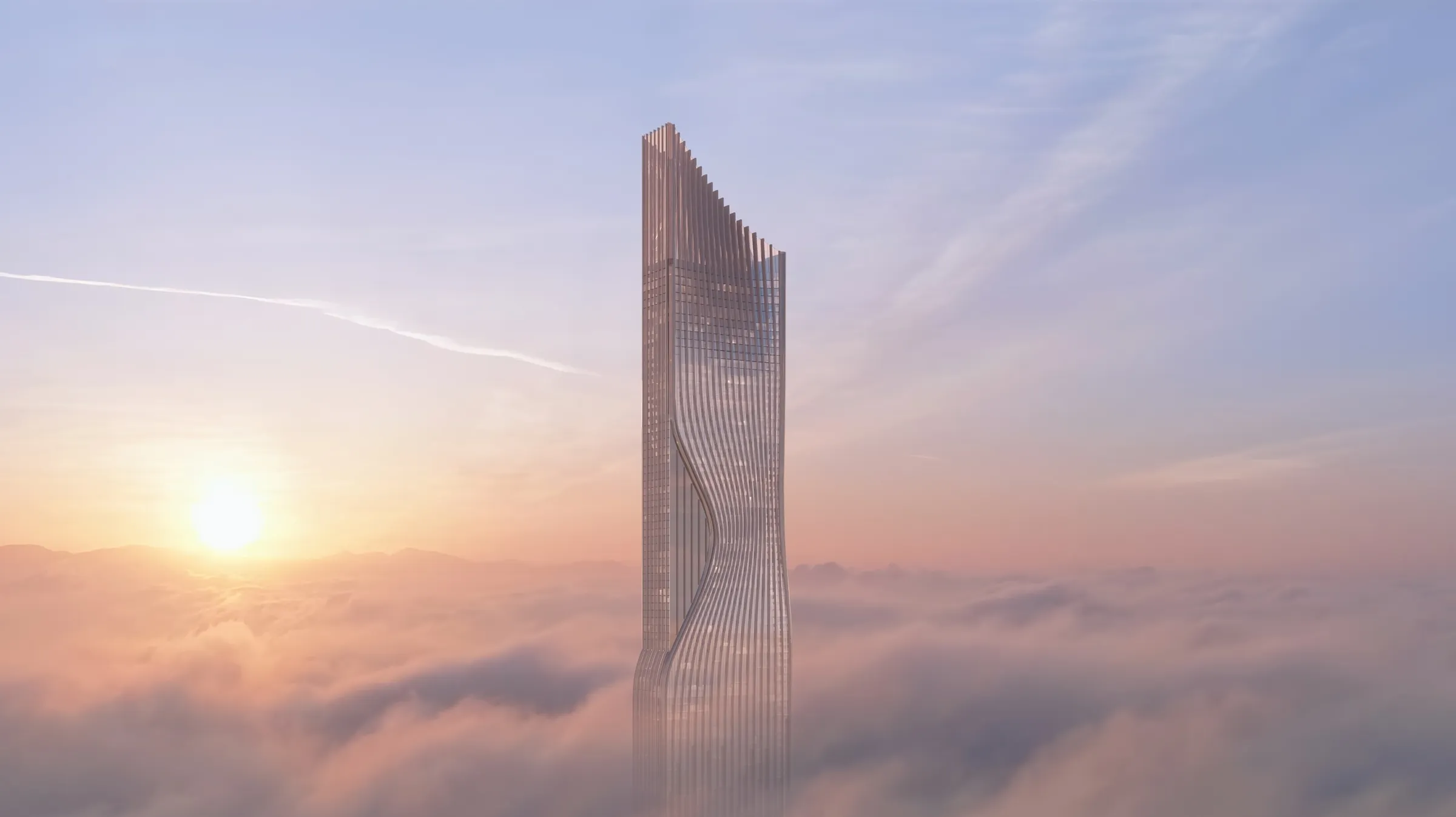 Render of Tiger Sky Tower rising above the clouds at sunrise