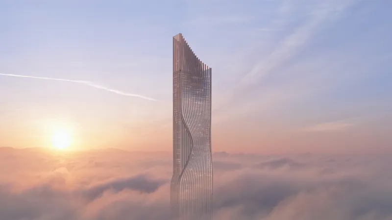 Render of Tiger Sky Tower rising above the clouds at sunrise
