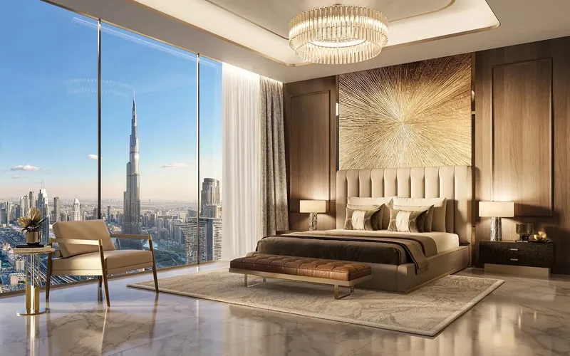 Master bedroom at Trump Residences Dubai with floor-to-ceiling windows