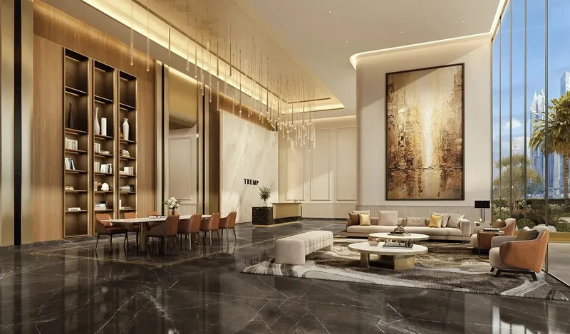 Reception lobby of Trump Residences Dubai with dark marble floor and lounge seating