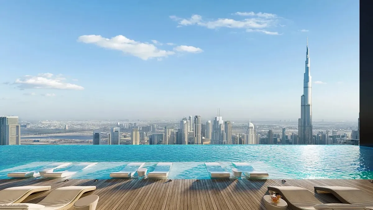 Residents' rooftop infinity pool at Trump Residences Dubai facing the Burj Khalifa