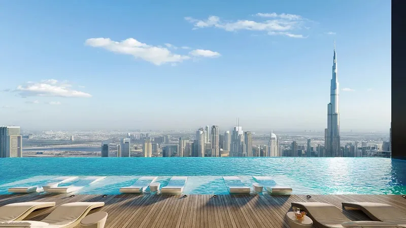 Residents' rooftop infinity pool at Trump Residences Dubai facing the Burj Khalifa