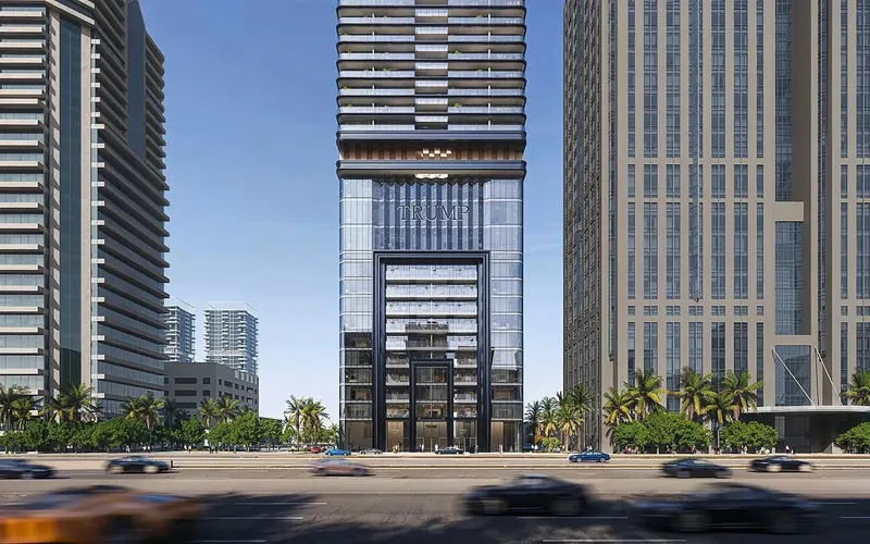 Street-level view of the entrance podium of Trump International Hotel & Tower Dubai