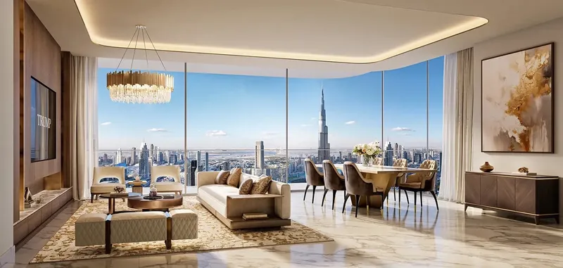 Living and dining room of a 3 bedroom apartment at Trump Residences Dubai with skyline views