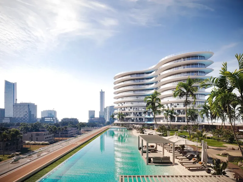 Render of the 100-metre pool on the podium of Trussardi Residences Phase II