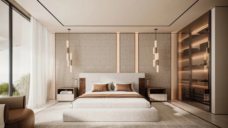 Render of a bedroom with a walk-in wardrobe at Trussardi Residences Phase II