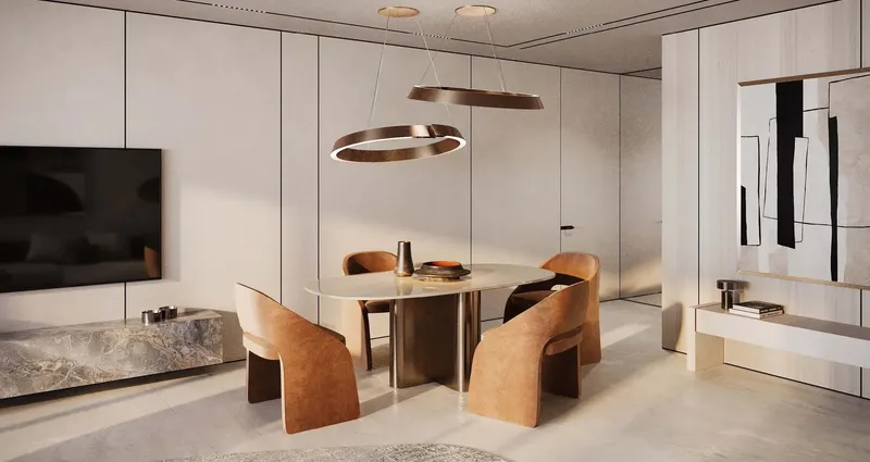 Render of a dining area with pendant lights at Trussardi Residences Phase II