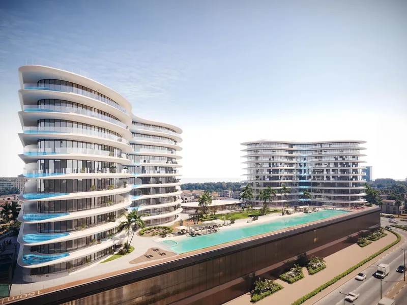Aerial render of the podium, pool and both towers of Trussardi Residences Phase II