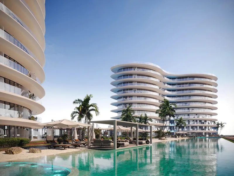 Render of the pool deck and cabanas between the two towers of Trussardi Residences Phase II