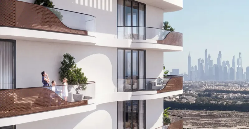 Curved balconies at V1STARA HOUSE with the Dubai Marina skyline beyond