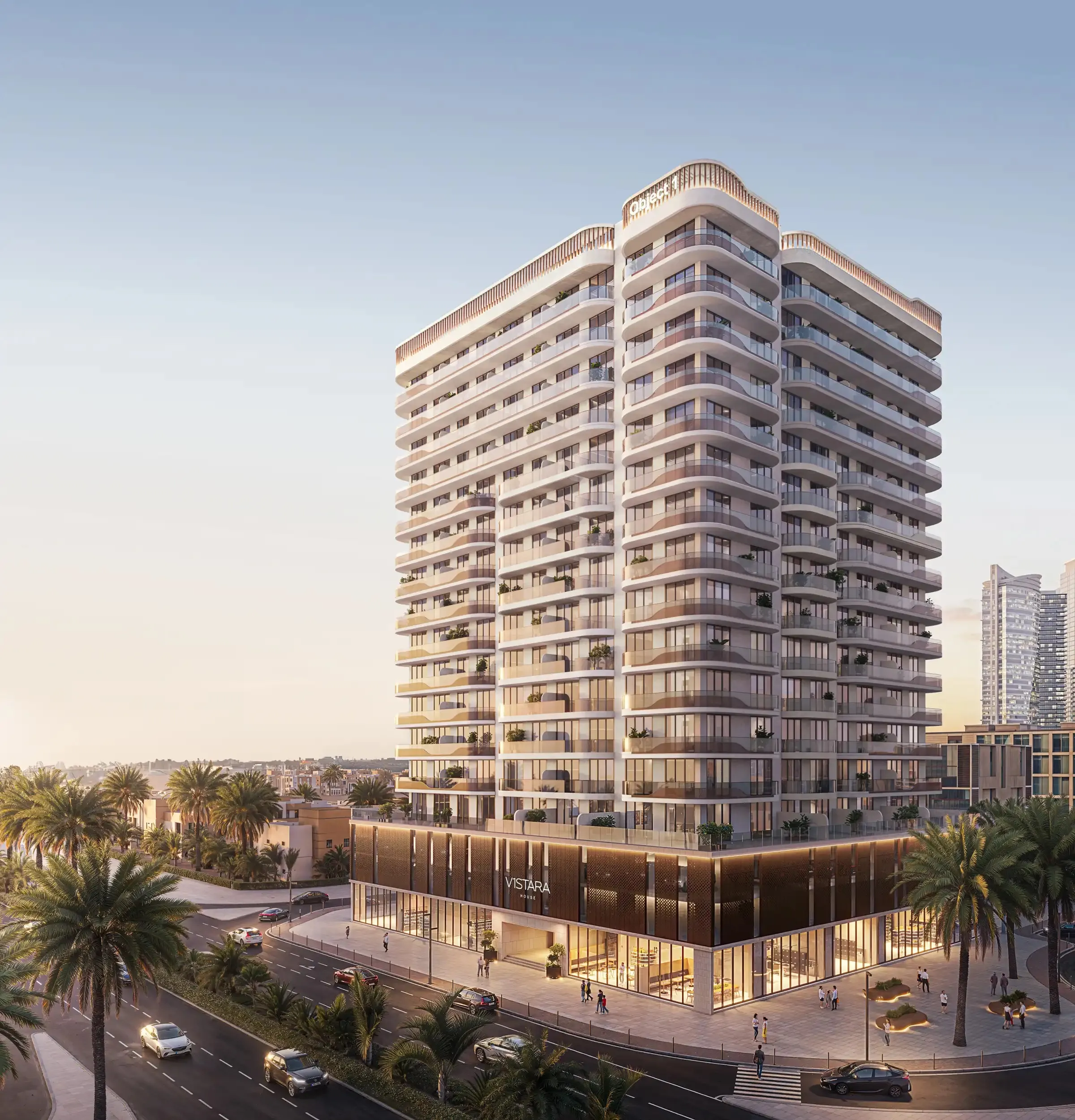 V1STARA HOUSE by Object 1 in Al Furjan, street view at dusk