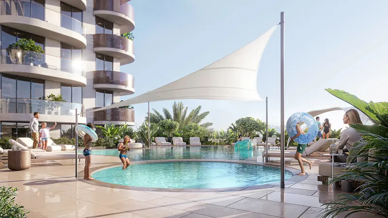 Swimming pool and shaded pool deck at V1STARA HOUSE