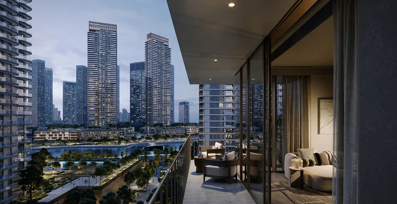 Render of a Valo balcony at dusk looking across the gardens to neighbouring towers