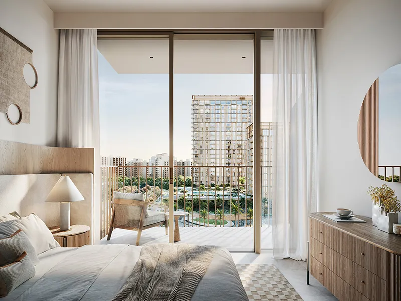 Interior render of a Valo bedroom with a balcony over the podium gardens