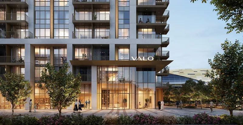 Render of the Valo entrance and lower floors in the evening