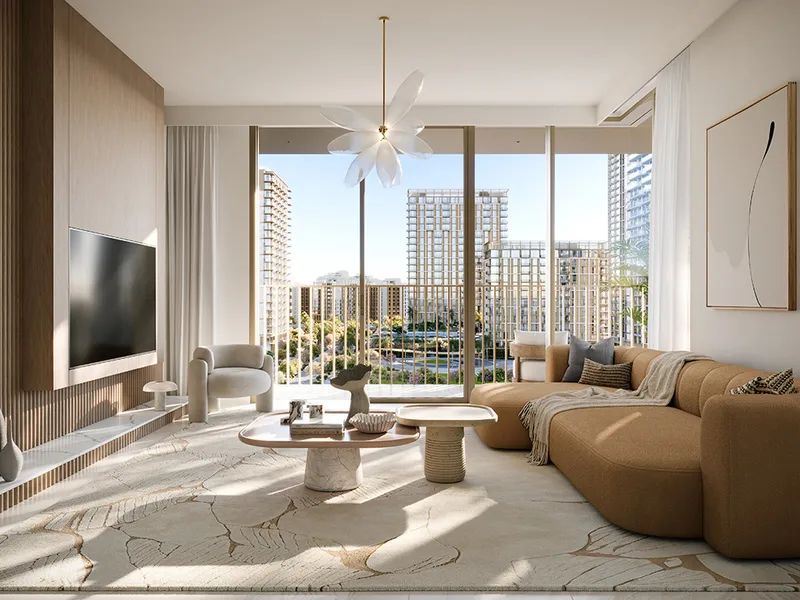 Interior render of a Valo living room opening to a balcony