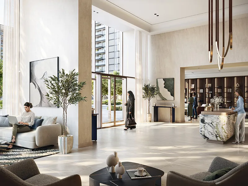 Interior render of the Valo lobby with a stone reception desk and seating