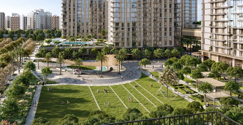 Aerial render of the Valo amenities podium with its lawn, play area and pool