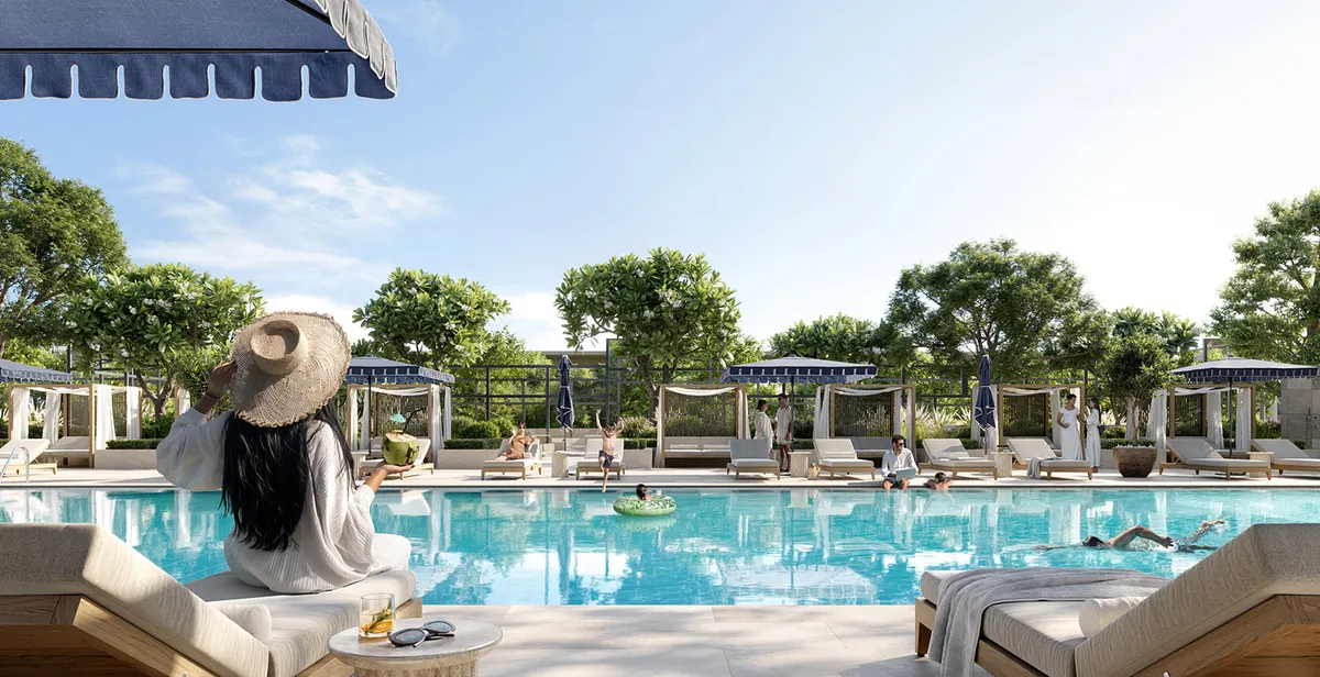 Render of the Valo swimming pool with cabanas and sun loungers