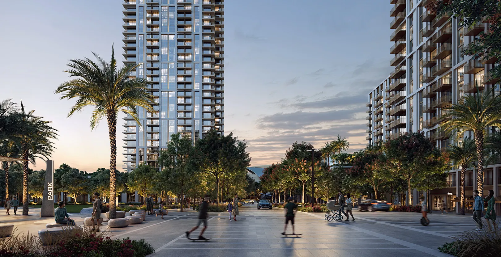 Render of the Valo tower at dusk seen from the plaza, with people skating and cycling