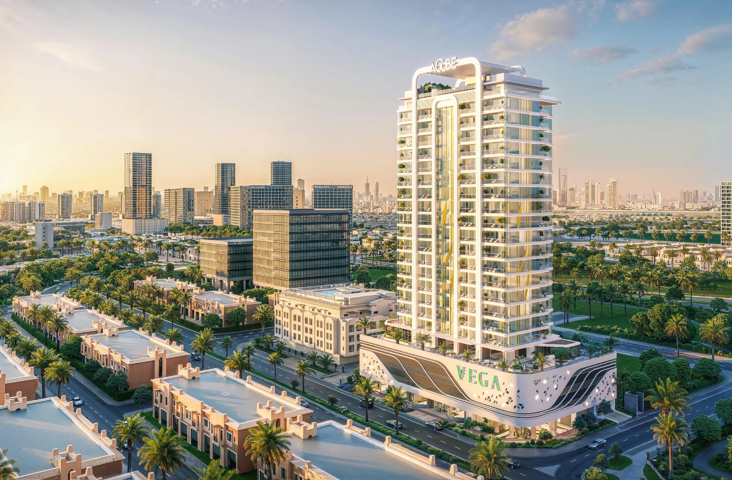 Aerial view of the Vega tower in Dubai Sports City with its curved white podium and the skyline behind