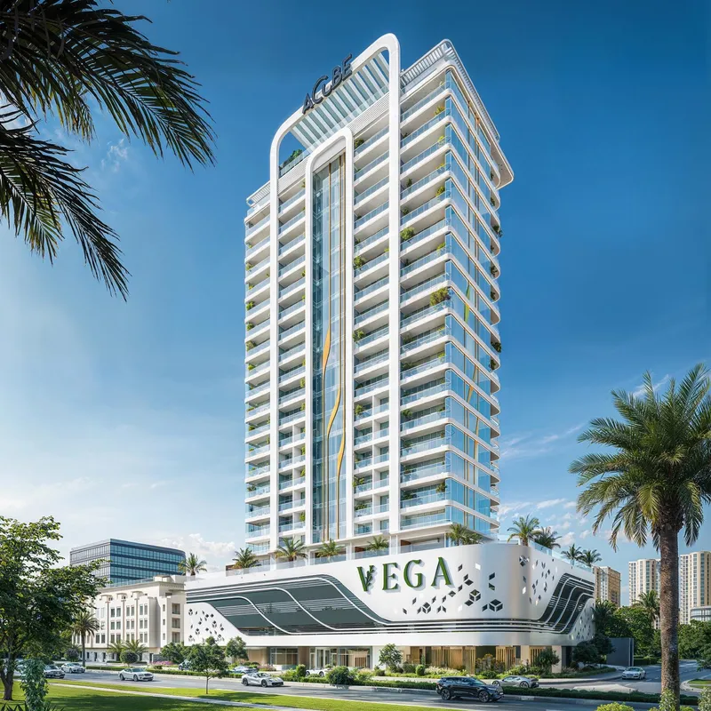 Street view of the white Vega tower with planted balconies above a podium carrying the Vega name