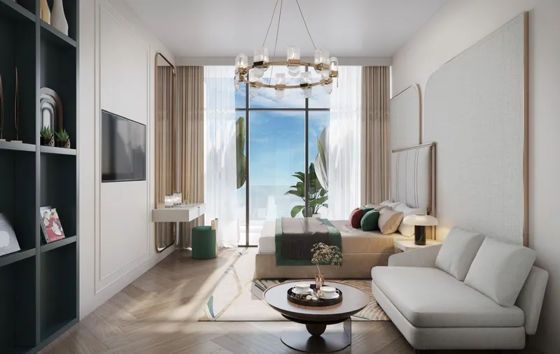 Furnished living room with a sofa, shelving, a chandelier and a full-height window
