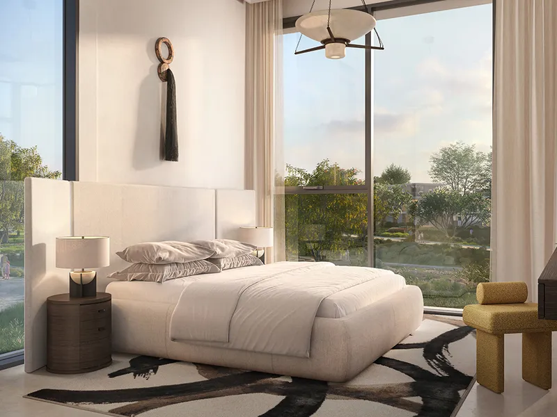 Interior render of a Velora 2 bedroom with full-height glazing