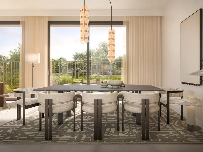 Interior render of a Velora 2 dining room opening onto the garden
