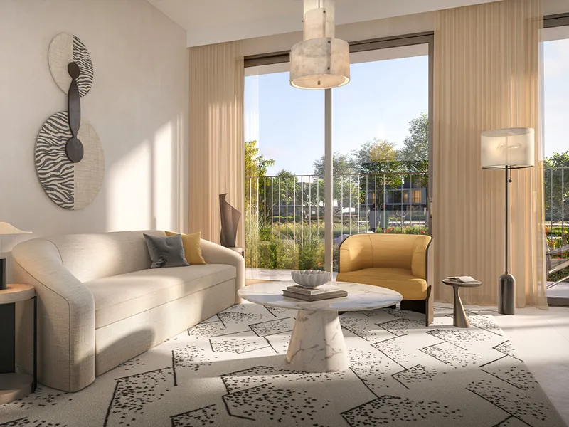 Interior render of a Velora 2 living room with floor-to-ceiling windows