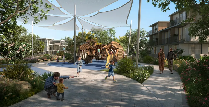 Render of children at a shaded play area beside Velora 2 townhouses