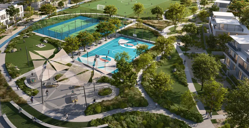 Aerial render of the swimming pools, sports court and shaded play area near Velora 2