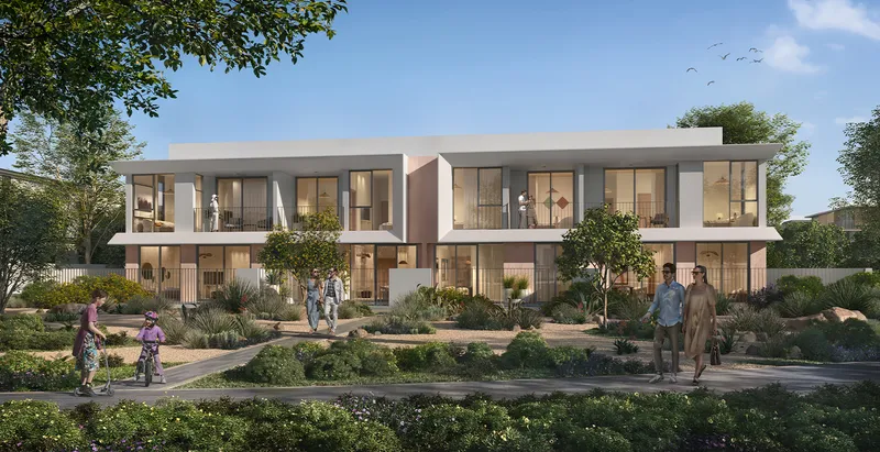 Render of a row of two-storey Velora 2 townhouses facing a landscaped garden path