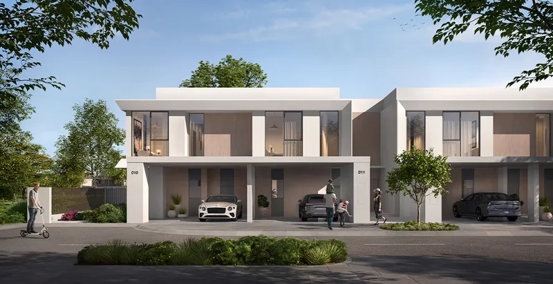 Render of the street front of Velora 2 townhouses with covered parking
