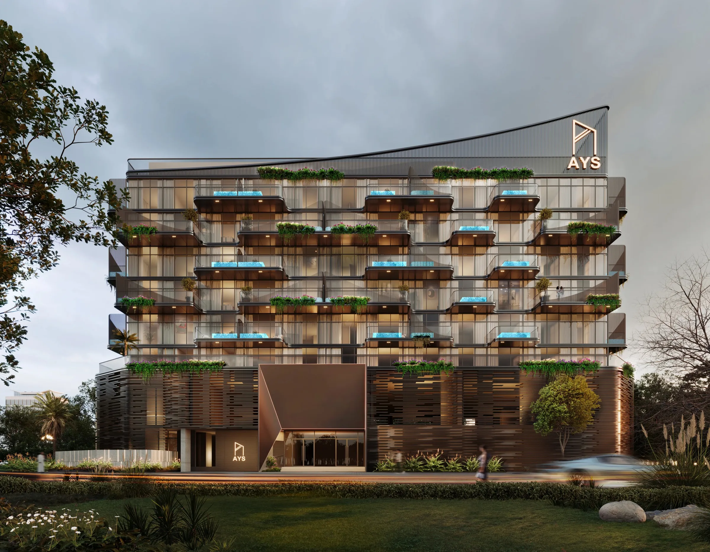 Dusk render of the Ventone building by AYS on Dubai Islands, with glazed balconies, planters and a sloping roof crown