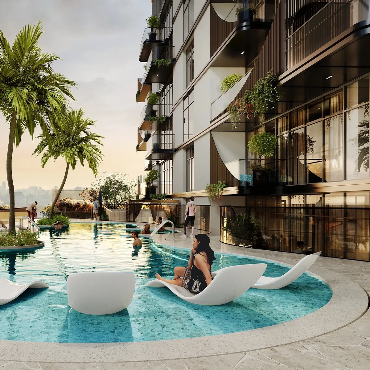 Render of the curved swimming pool with in-water loungers and palm trees beside the Ventone building