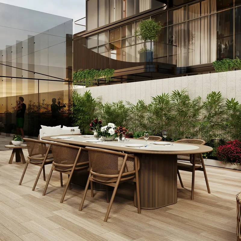 Render of an outdoor dining table on a planted timber-decked terrace at Ventone