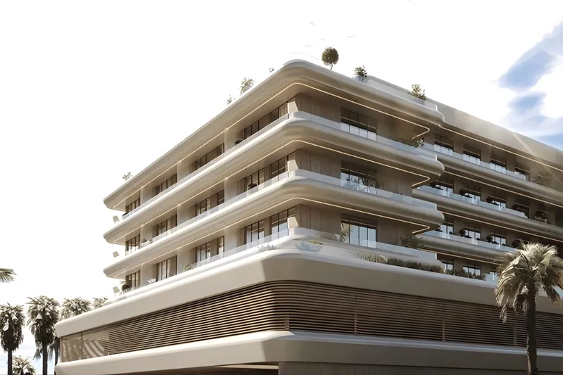 Curved wraparound terraces on the upper floors of Veona by Gutti