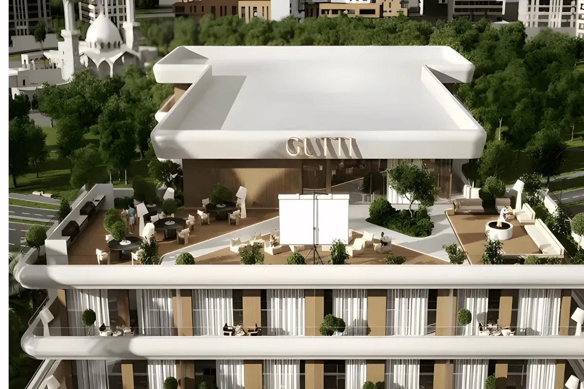 Rooftop of Veona by Gutti with an outdoor cinema screen and lounge seating