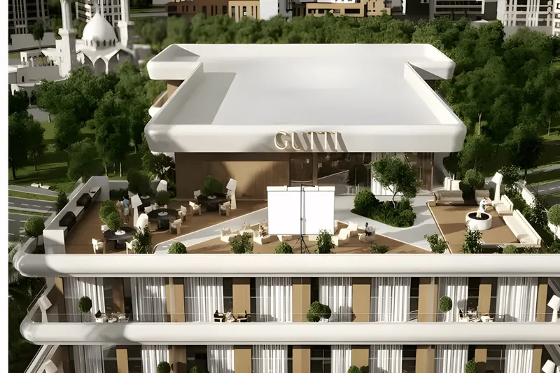 Rooftop of Veona by Gutti with an outdoor cinema screen and lounge seating